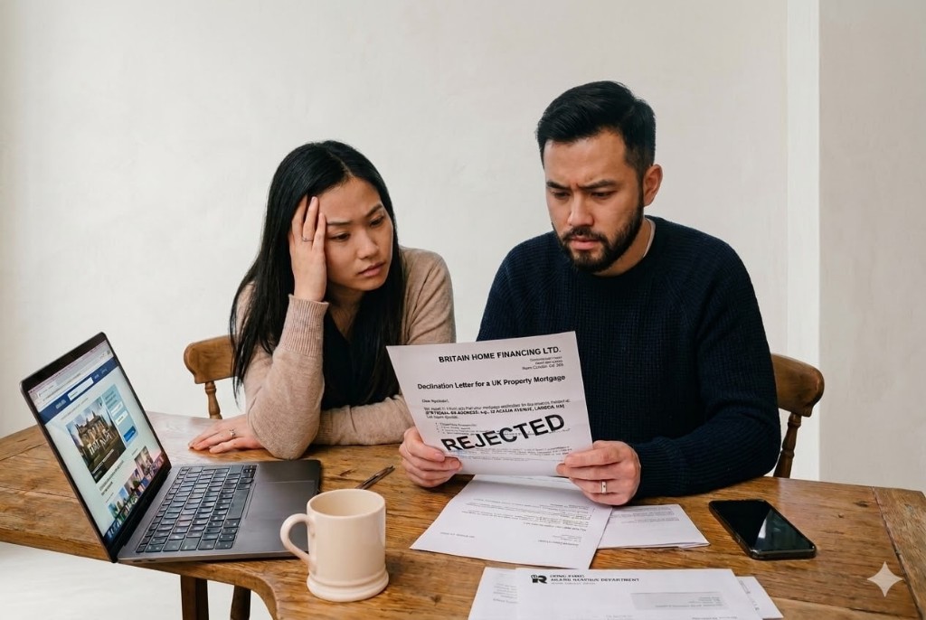 A worried couple reviewing a mortgage declination letter stamped rejected